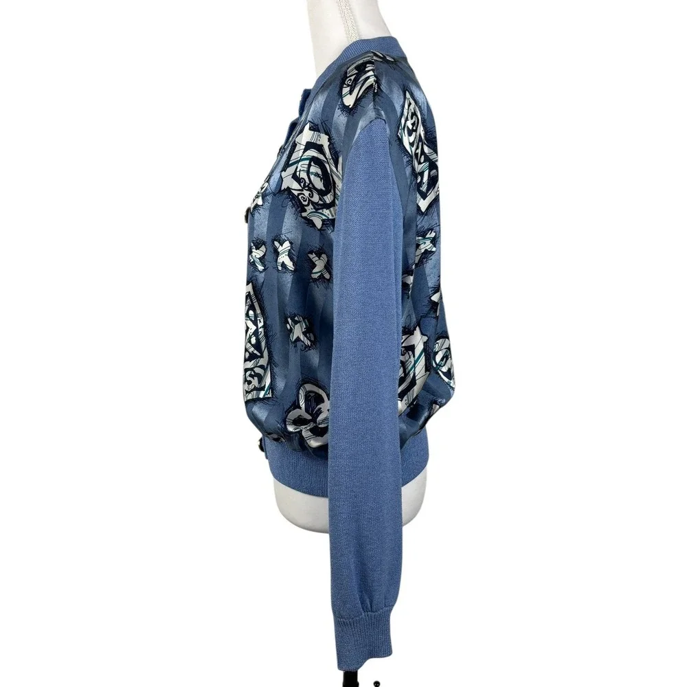 St John Collection Knit Cardigan Womens M Blue Abstract Silk‎ Lining & Scarf VTG
